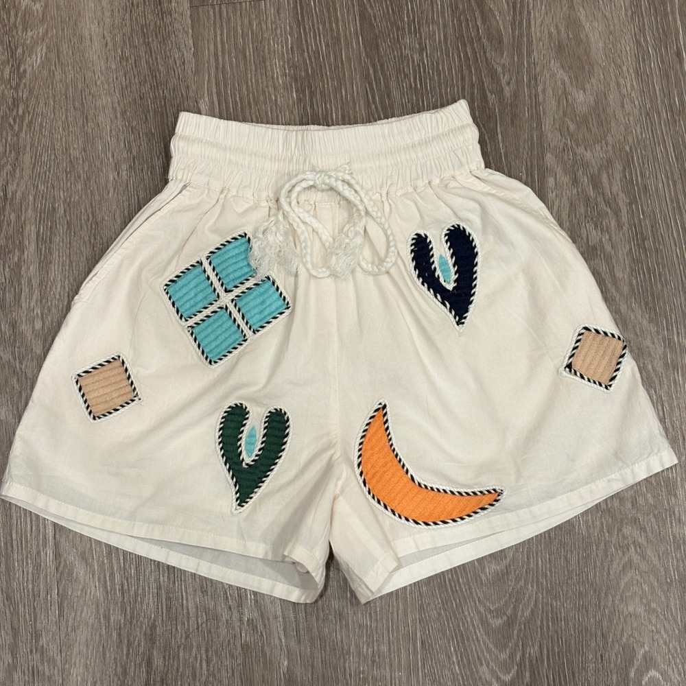 CIEBON Cream Embroidered Moon Heart Geometric Patch Cotton Shorts Small Coverup
